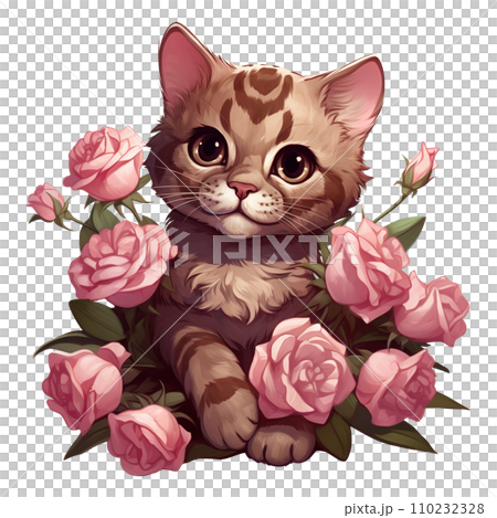 Cat sitting in a bunch of pink roses. AI generated image Cat sitting in a bunch of pink roses. AI generated image 110232328