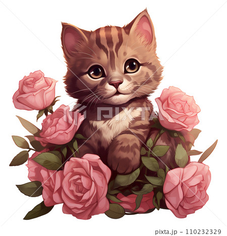 Cat sitting in a bunch of pink roses. AI generated image Cat sitting in a bunch of pink roses. AI generated image 110232329