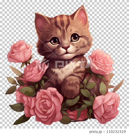 Cat sitting in a bunch of pink roses. AI generated image Cat sitting in a bunch of pink roses. AI generated image 110232329