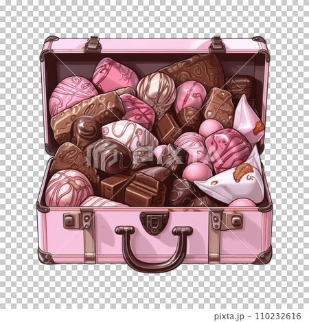 Pink suitcase filled with chocolates and candies. AI generated image 110232616