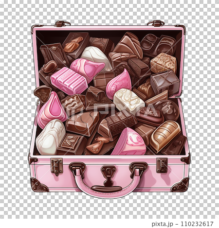 Pink suitcase filled with chocolates and candies. AI generated image 110232617
