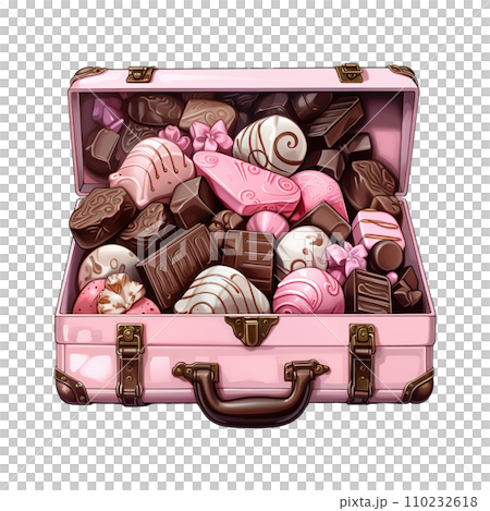 Pink suitcase filled with chocolates and candies. AI generated image Pink suitcase filled with chocolates and candies. AI generated image 110232618