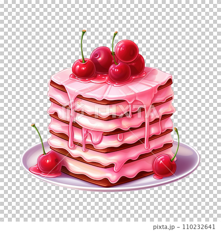 Piece of cake with pink icing and cherries on top. AI generated image 110232641