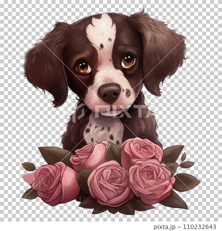 Puppy with pink rose. AI generated image 110232643