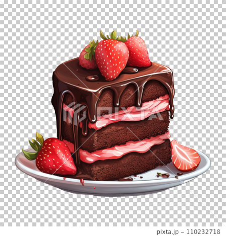 Piece of chocolate cake with strawberries on top. AI generated image Piece of chocolate cake with strawberries on top. AI generated image 110232718