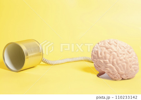 tin can phone with human brain anatomical model. communication concept 110233142