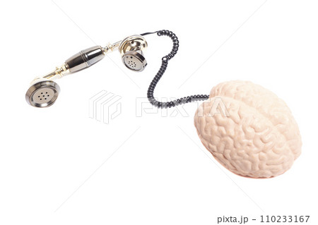 Vintage telephone receiver with human brain anatomical model isolated on white background. 110233167