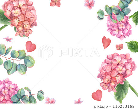 Hydrangea, petal flowers, eucalyptus branches and pink hearts. Hortensia, leaves, love. Horizontal frame with copy space for text. Watercolor illustration isolated on white. 110233168