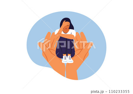 Psychotherapy concept. Person keep in arms unhappy stressed female suffering from depression or mental problem. Helping hands. Vector illustration. 110233355