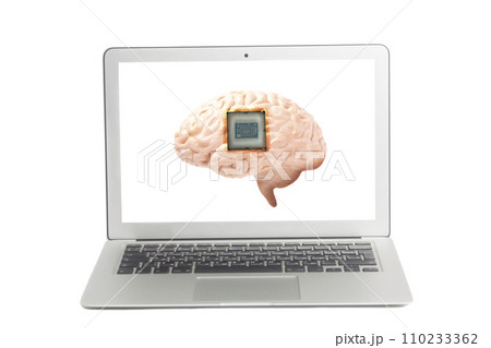 Human brain anatomical model with CPU processor microchip on the laptop monitor screen Human brain anatomical model with CPU processor microchip on the laptop monitor screen 110233362