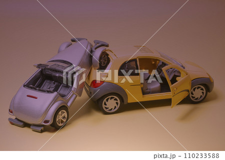 Car crash accident on a yellow background. Insurance concept 110233588