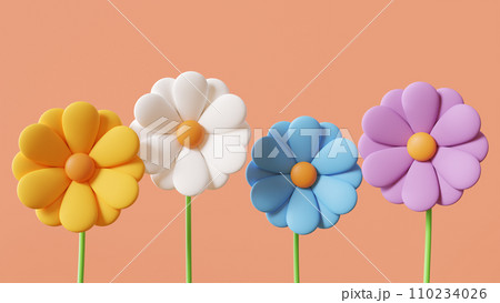 3Dの花。シンプルなイラストの花。カラフルのイラスト素材 [110234026