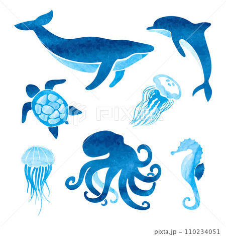 Watercolor sea animals set. Vector marine illustration of whale, dolphin, octopus, turtle, jellyfish 110234051