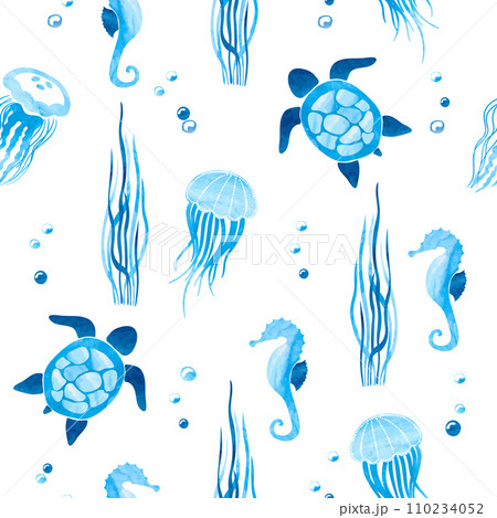 Seamless vector pattern with watercolor sea animals. Underwater life 110234052