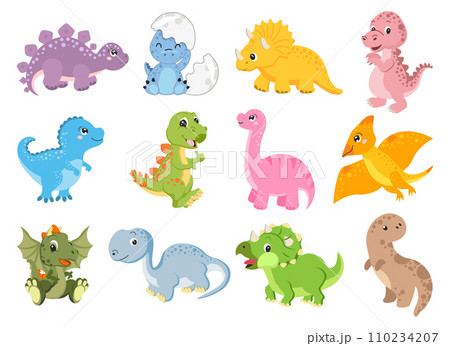 Set of cute funny dinosaurs. Baby print, animal icons, stickers, vector 110234207