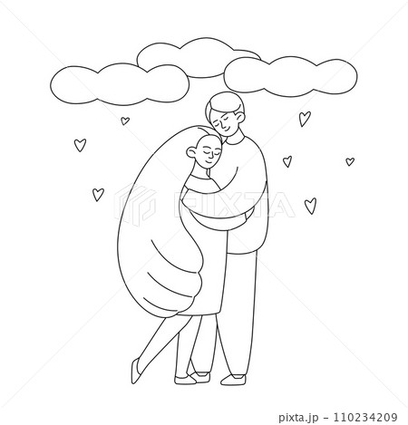 Young couple hugging. Figures of young woman and man together in hand drawn doodle style. Sketch contour simple vector illustration. Concept of love and friendship. Young couple hugging. Figures of young woman and man together in hand drawn doodle style. Sketch contour simple vector illustration. Concept of love and friendship. 110234209