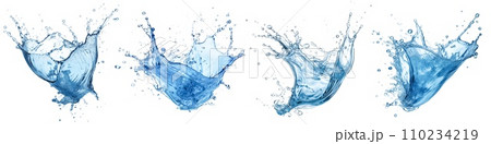 AI-generated content. Set of different splashes of water is cut out on a transparent background. Water scatters in different directions close-up. Summer symbol. A design element to be inserted into a AI-generated content. Set of different splashes of water is cut out on a transparent background. Water scatters in different directions close-up. Summer symbol. A design element to be inserted into a 110234219