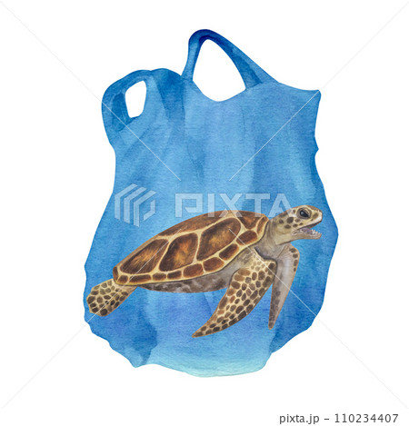 Sea turtle got entangled plastic bag. Ocean pollution. Great Pacific Garbage Patch. Hand drawn watercolor illustration isolated background. Ecology poster, enviroment protection, Earth day 110234407