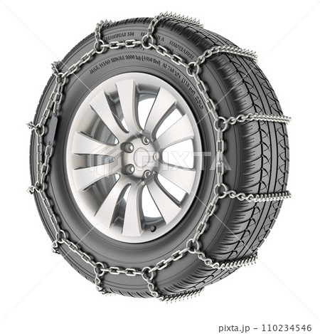 Car wheel with snow chain, 3D rendering Car wheel with snow chain, 3D rendering 110234546