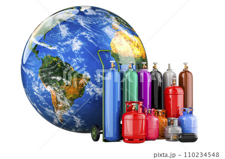 Earth Globe with different industrial liquefied gas cylinders, 3D rendering 110234548