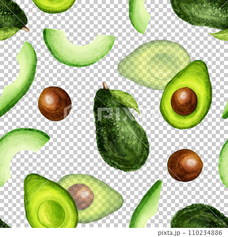 Avocado half seamless pattern. Avocado tropical fresh fruit hand draw watercolor illustration. For textile, paper, wallpaper, design. Avocado half seamless pattern. Avocado tropical fresh fruit hand draw watercolor illustration. For textile, paper, wallpaper, design. 110234886
