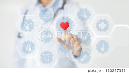 Woman doctor touching virtual screen, telehealth concept 110237331