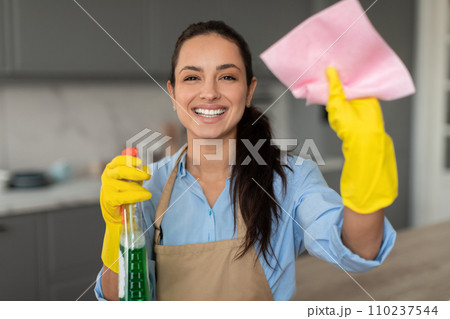 Happy young woman with cleaning spray and cloth Happy young woman with cleaning spray and cloth 110237544