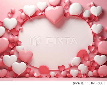 Pink air balloons heart shape on a white background. Concept wedding, valentines day, photo zone, lovers. Banner. Flat lay, top view 110238118