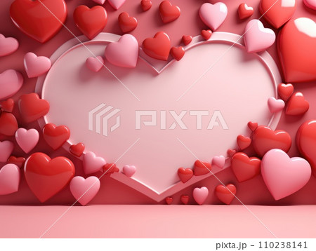 Pink air balloons heart shape on a white background. Concept wedding, valentines day, photo zone, lovers. Banner. Flat lay, top view 110238141