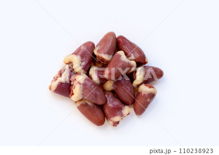 Raw chicken hearts on white background. 110238923