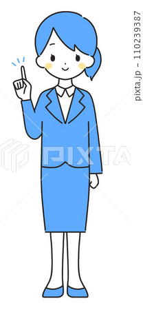 青色|指差しをするスーツの女性|全身 青色|指差しをするスーツの女性|全身 110239387