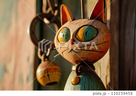 カラフルな木彫りの猫 110239458