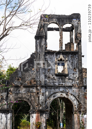 Ruins of bell tower Catholic church destroyed during the Vietnam War. 110239739