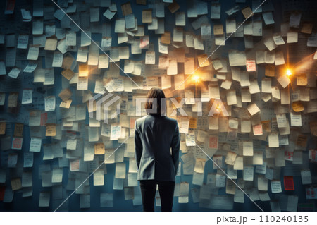 アイデアを書いたメモと女性。成功と成長と目的達成のための自己管理コンセプト。「AI画像生成」 110240135