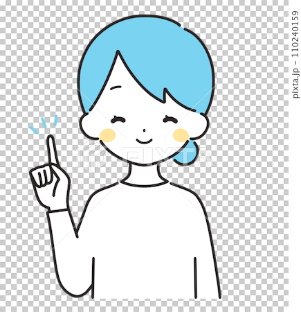 Light blue|Woman in plain clothes pointing with finger|Upper body Light blue|Woman in plain clothes pointing with finger|Upper body 110240159