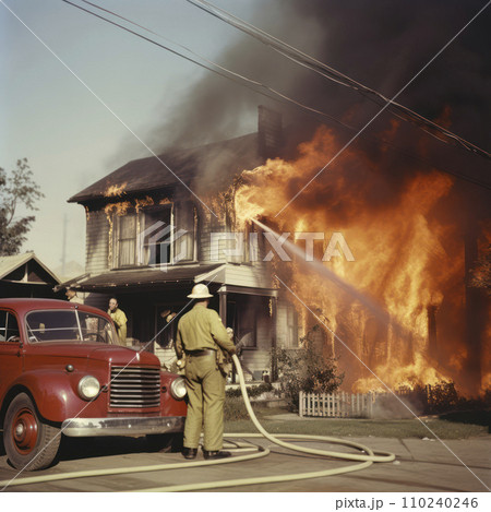 AI-generated content. 1900 fireman fights fire burning homes 110240246