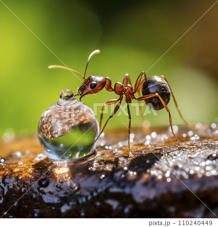 AI-generated content. ant drinking from drop of water 110240449