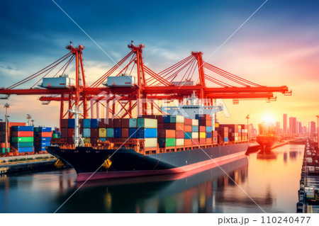 巨大港湾に接岸したコンテナ船は世界の物流の貨物輸送と輸出輸入貿易をサポートする。「AI画像生成」 110240477