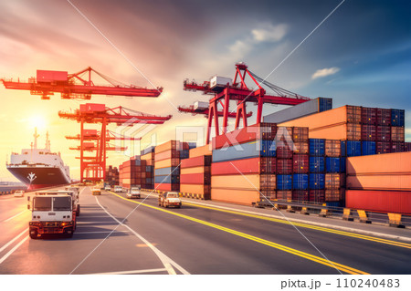 巨大港湾に接岸したコンテナ船は世界の物流の貨物輸送と輸出輸入貿易をサポートする。「AI画像生成」 110240483