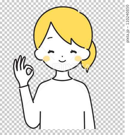 黄色|OKマークの私服の女性|上半身 黄色|OKマークの私服の女性|上半身 110240850