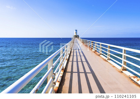 部瀬名の青い海と海中展望塔に向かう橋　ブセナ海中公園　沖縄県名護市 110241105