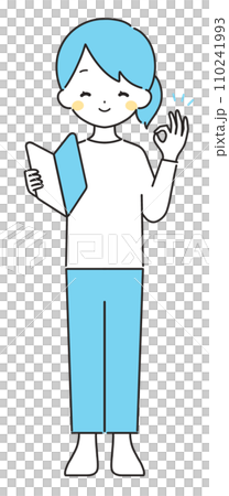 Light blue | Woman in casual clothes with beginner's mark | OK sign 110241993
