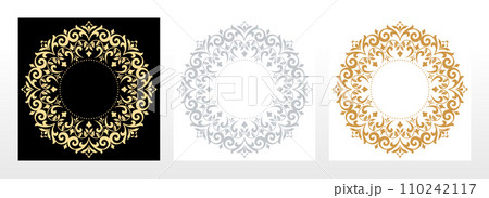 Set of decorative frames Elegant vector element for design in Eastern style, place for text. Floral black, gold and gray borders. Lace illustration for invitations and greeting cards 110242117