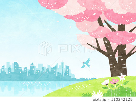 桜と海沿いの街の春の風景 都市と自然が共生する水彩背景イラスト 110242129