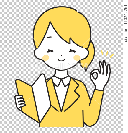 黄色｜初心者マークを持つスーツの女性｜OKサイン 110242261