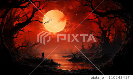 A haunting landscape bathed in a crimson hue under an ominous red moon; evoking a sense of otherworldly dread. This image could be effectively used in graphic novels; atmospheric video games; or as 110242417