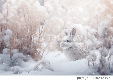 A serene rabbit nestled in a snowy landscape, a...のイラスト素材 [110242457 ...