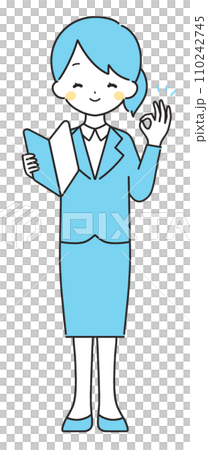 Light blue | Woman in suit with beginner mark | OK sign 110242745