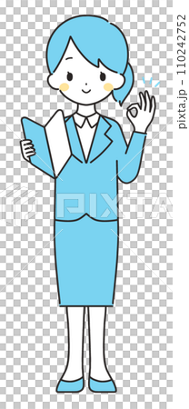 Light blue | Woman in suit with beginner mark | OK sign 110242752