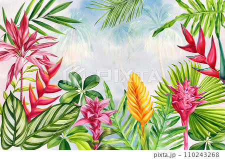 Colorful Flowers, palm leaves. Watercolor Tropical floral background. Tropical wallpaper design with exotic plant  110243268